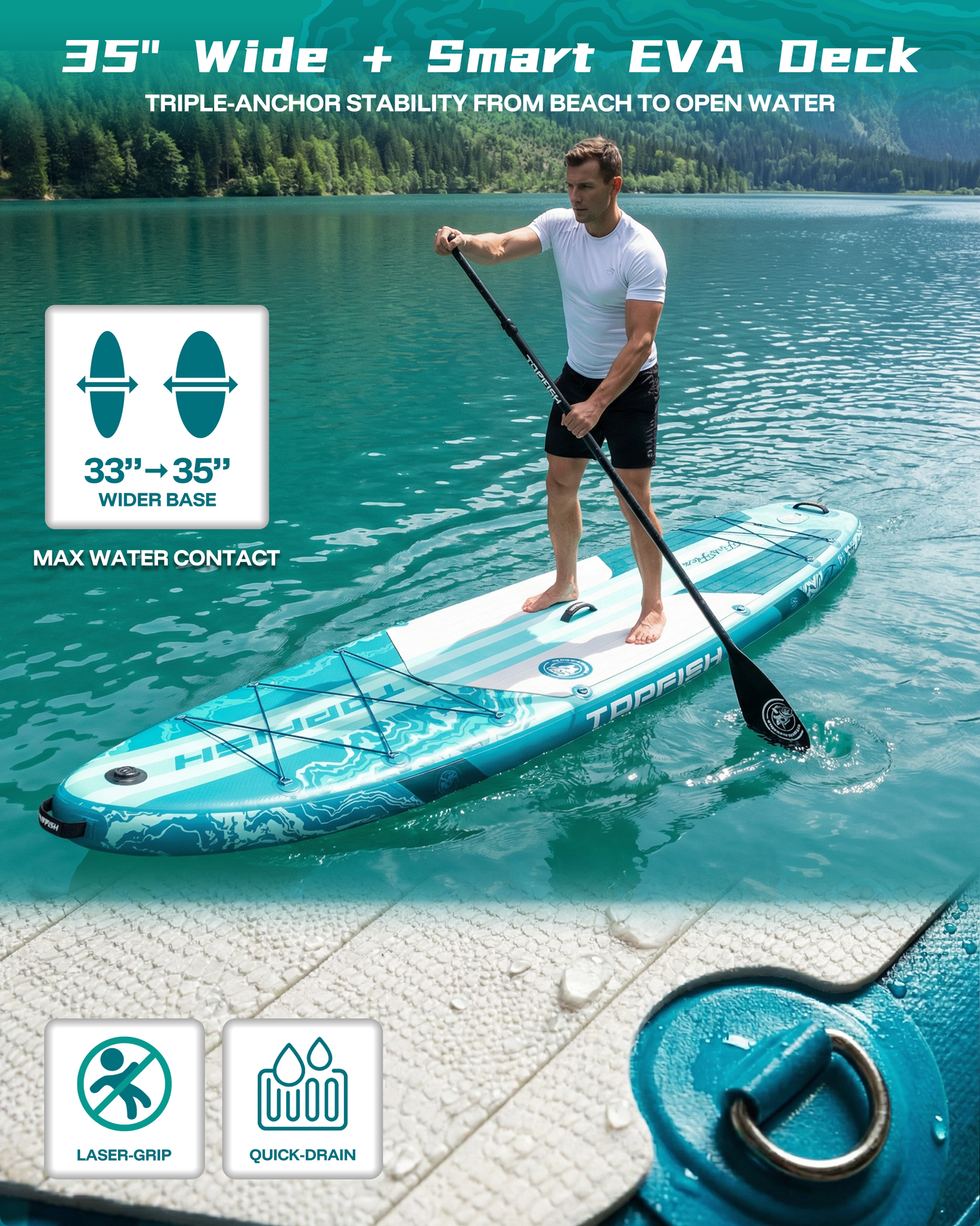 Topfish 11'6x35'' Extra Wide Inflatable Paddle Boards, Green